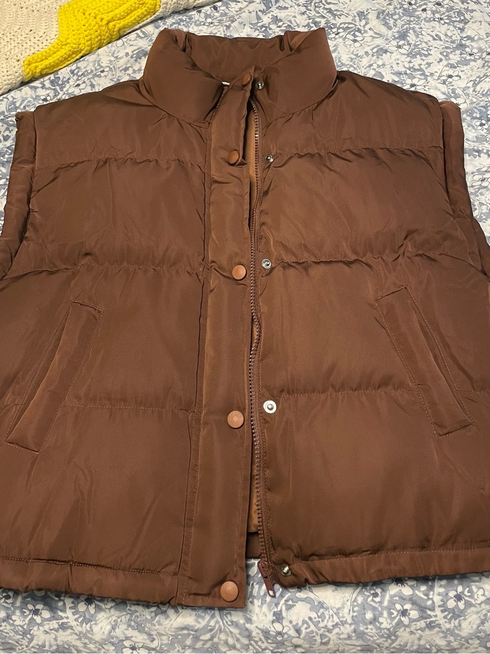 Women's Brown Puffer Vest with Stand Collar